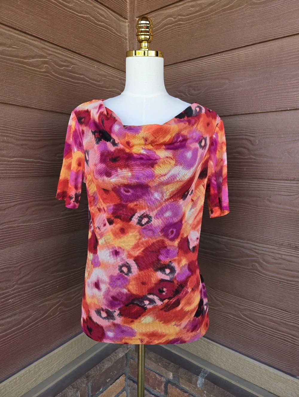 Ellen Tracy Stretch Colorful Mesh Floral Cowl Neck Women’s Top Size Medium NWOT